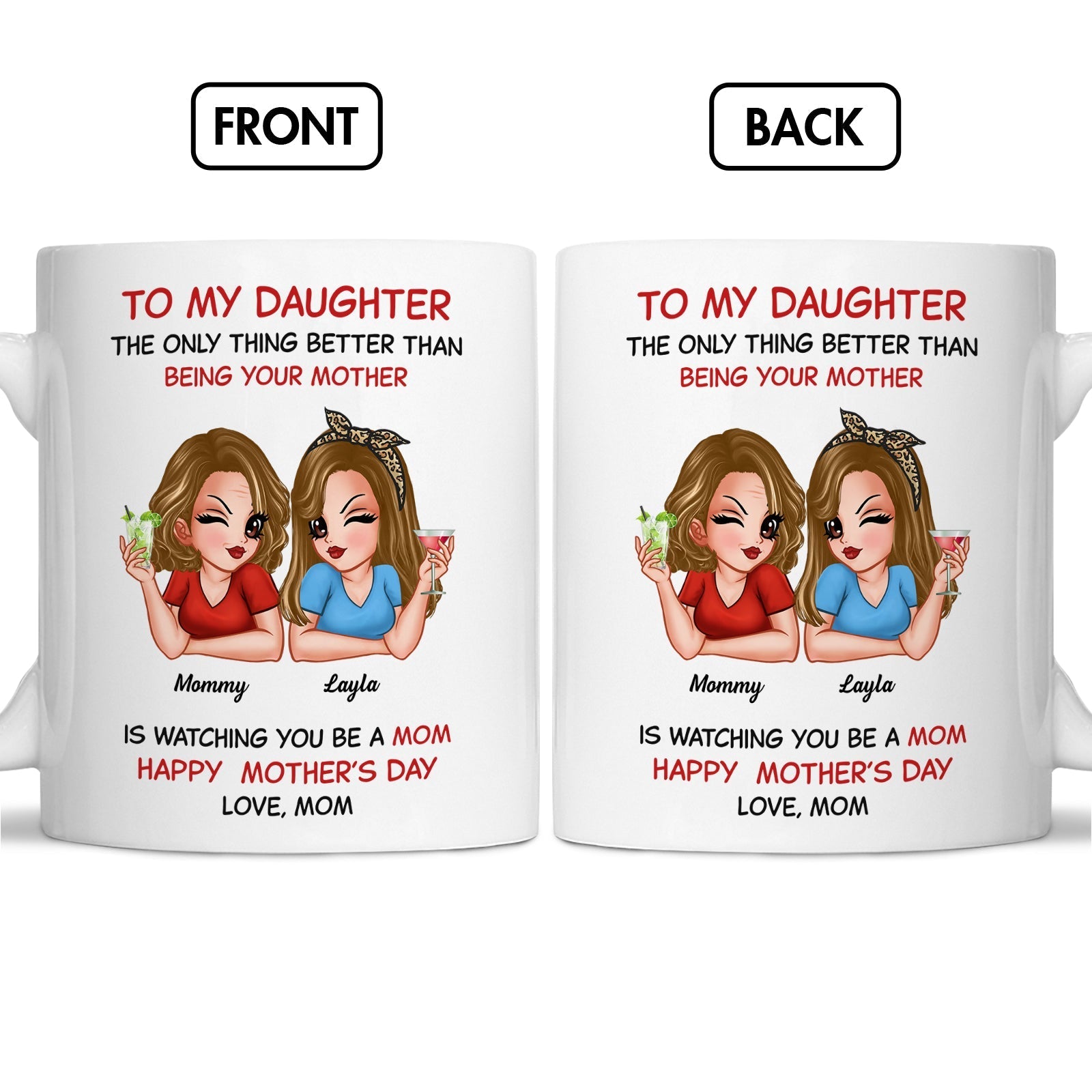custom mom to daughter gift white ceramic mug with cartoon mom and daughter illustration and sentimental Mothers Day message
