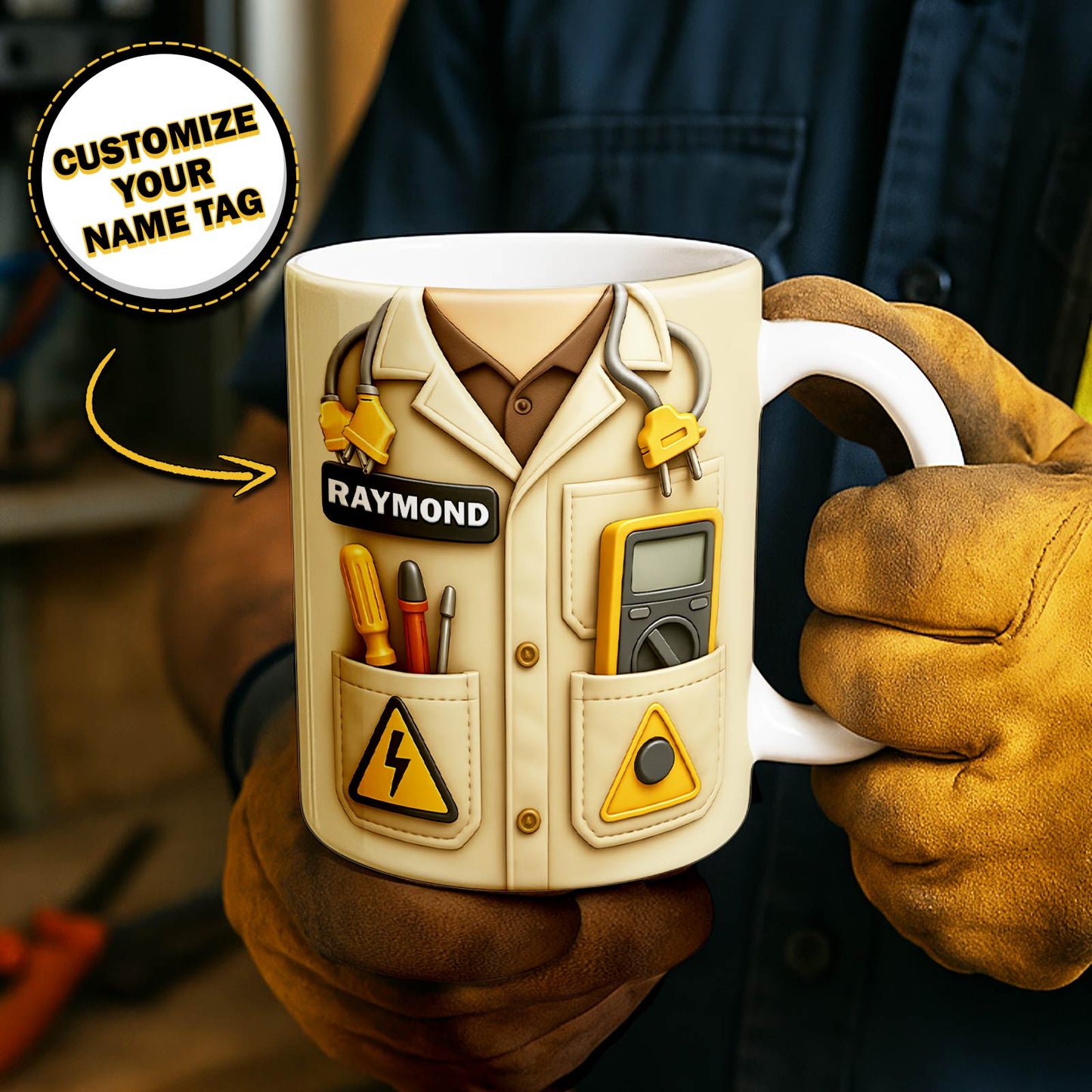 custom mug for electricians featuring realistic electrician uniform design with tools and customizable name tag Raymond