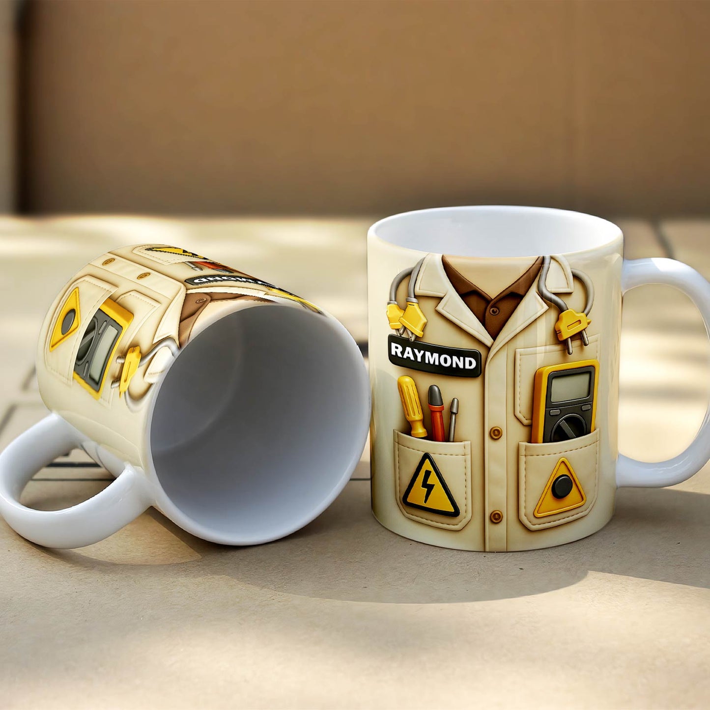 Personalized white ceramic custom mug for electricians with tool pocket design and Raymond name tag