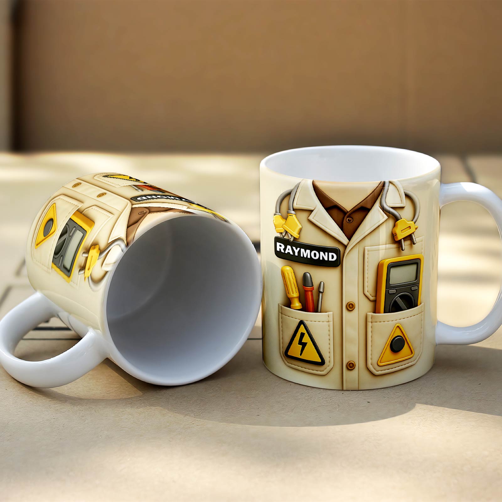 Personalized white ceramic custom mug for electricians with tool pocket design and Raymond name tag