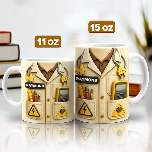 custom mug for electricians 11oz and 15oz beige tool pocket design with multimeter screwdrivers pliers