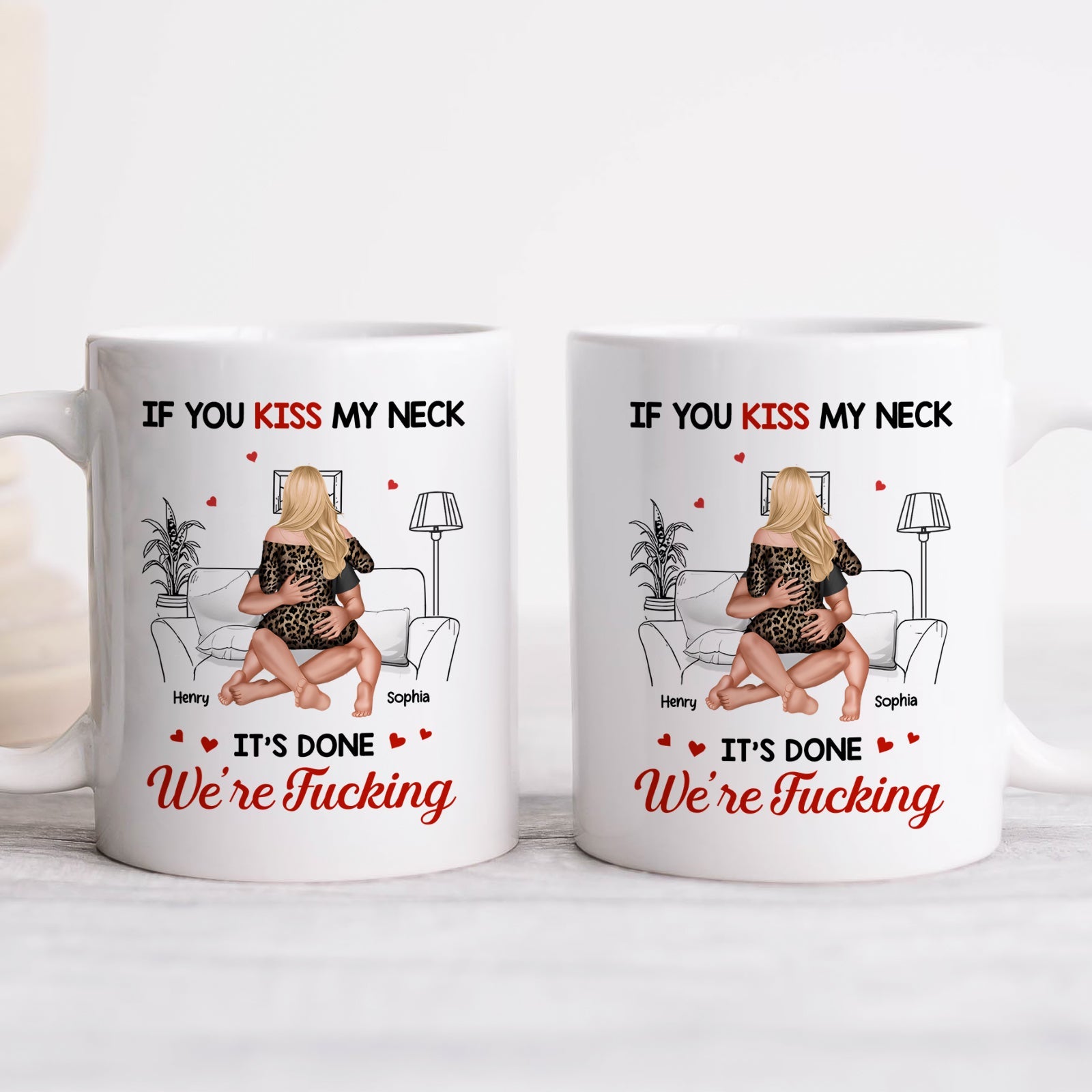 365Gifty custom romantic coffee mug pair showing illustrated couple embracing on couch with cheeky love text