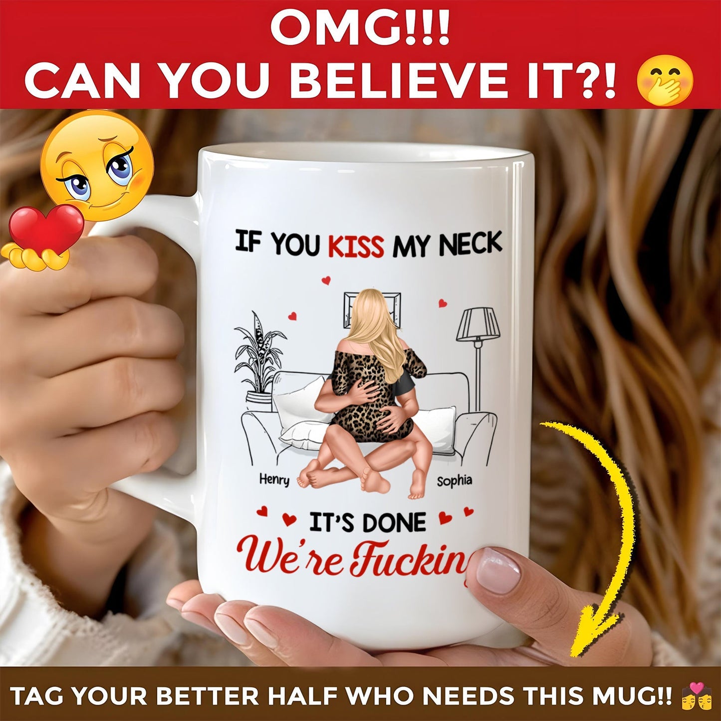custom romantic coffee mug showing a white mug with couple embracing on couch personalized names and cheeky kiss my neck text