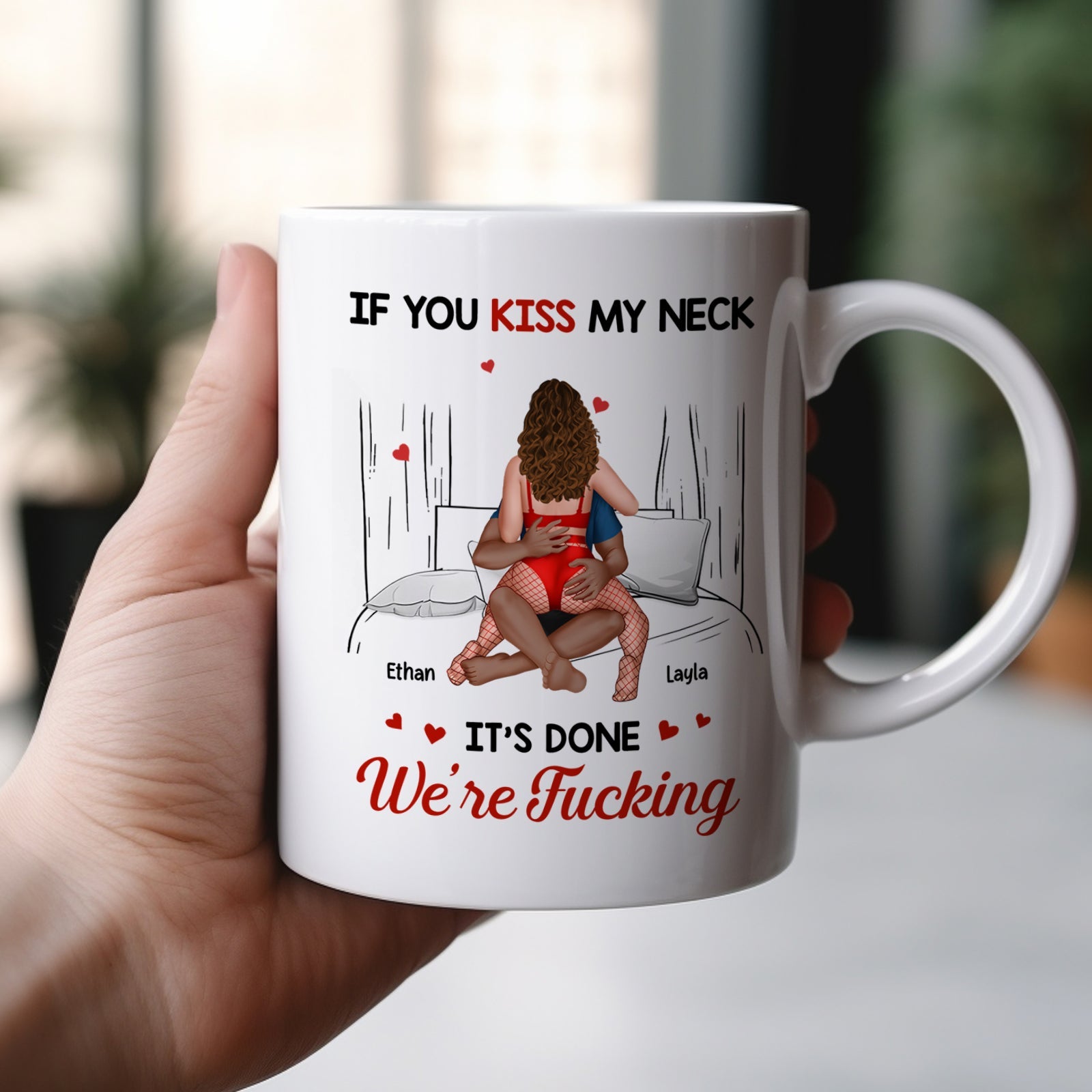custom romantic coffee mug with illustrated couple in bed and bold explicit text reading Were Fucking