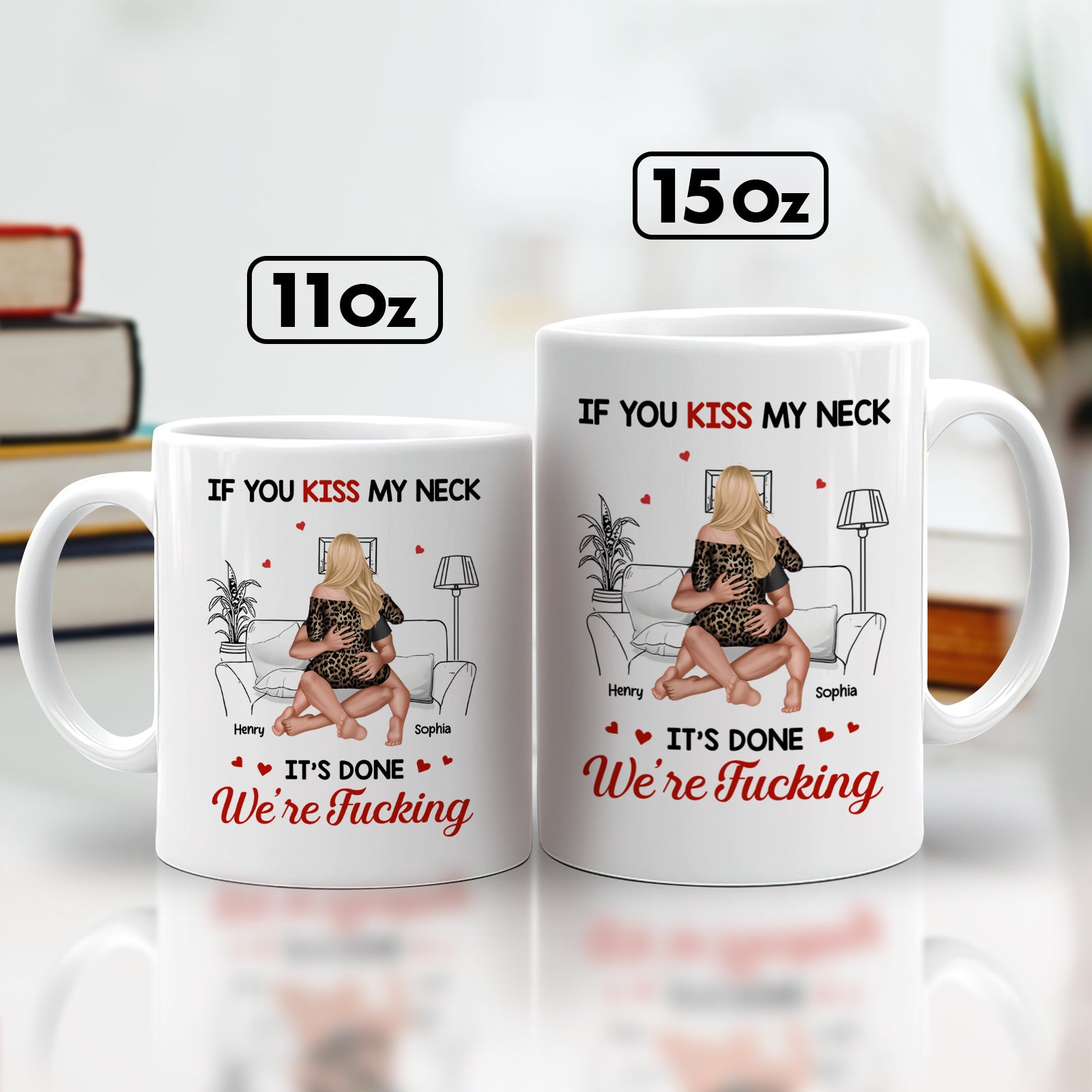 365Gifty custom romantic coffee mug showing couple embracing on couch with playful kissing text and hearts