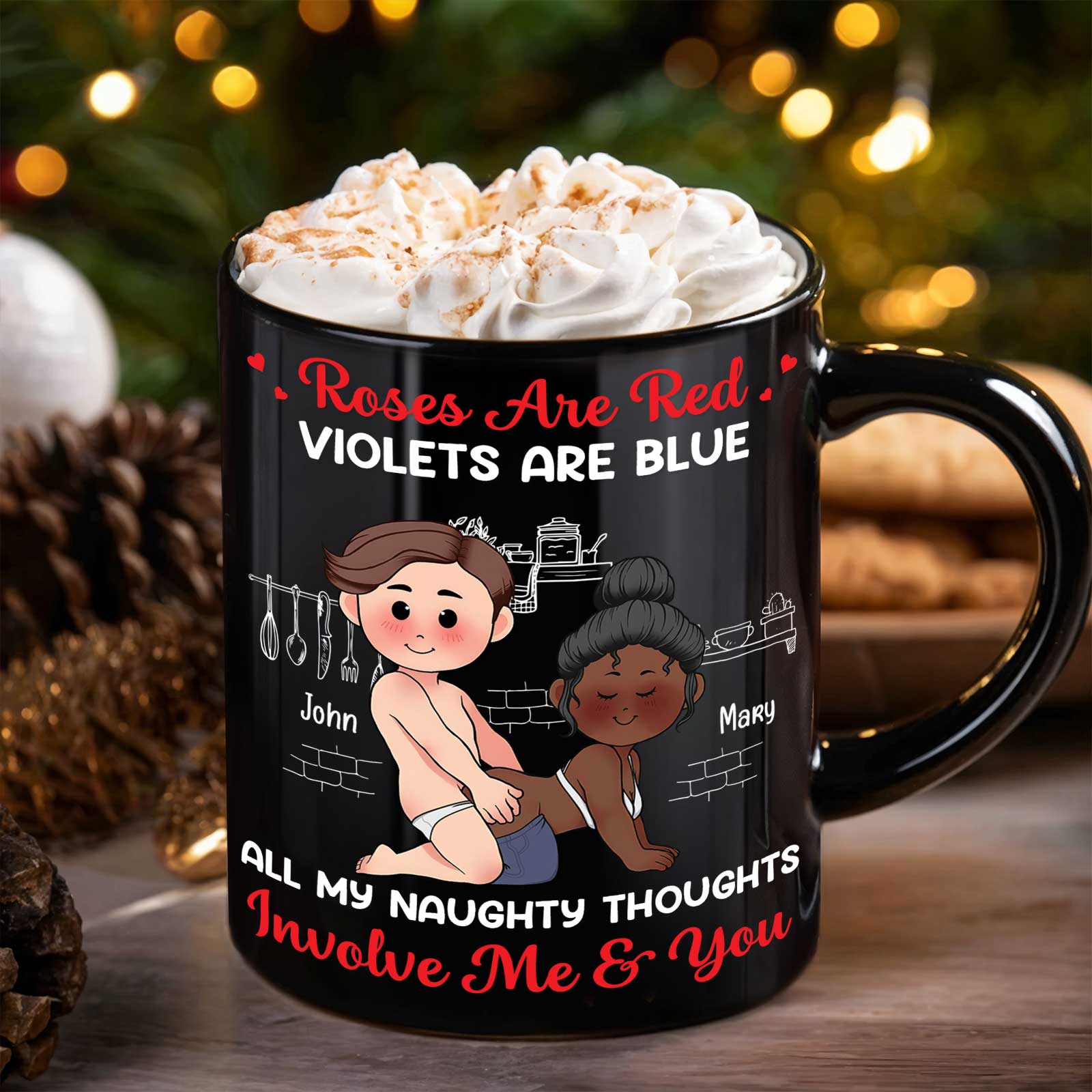 365Gifty black ceramic mug with cartoon couple and cheeky poem custom romantic gift for couples