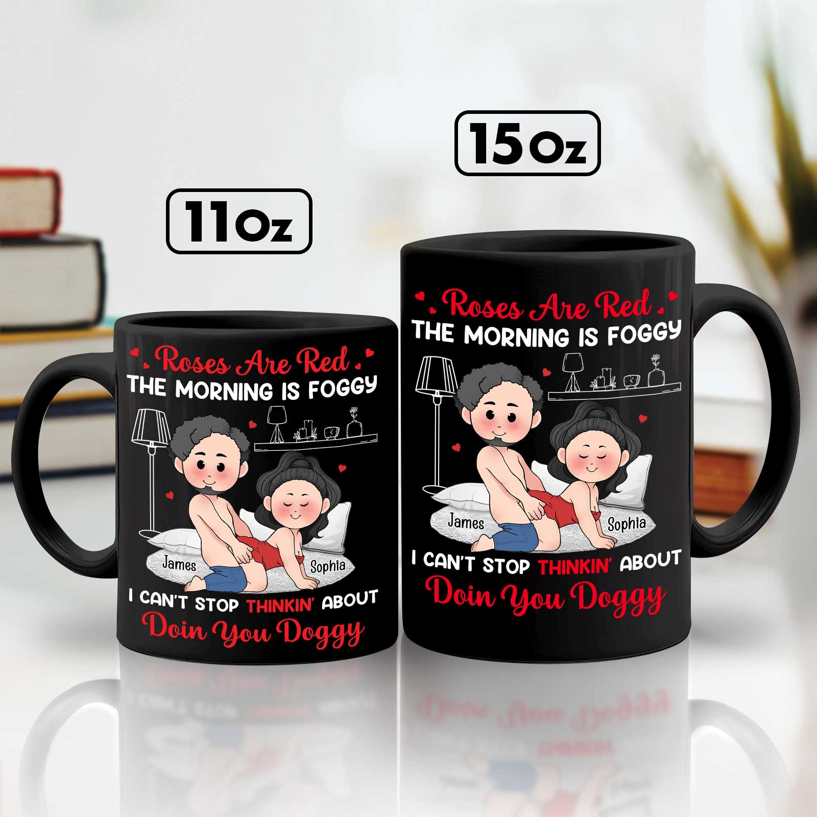 365Gifty black 11oz and 15oz mugs with playful cartoon couple and poem text custom romantic gift for couples