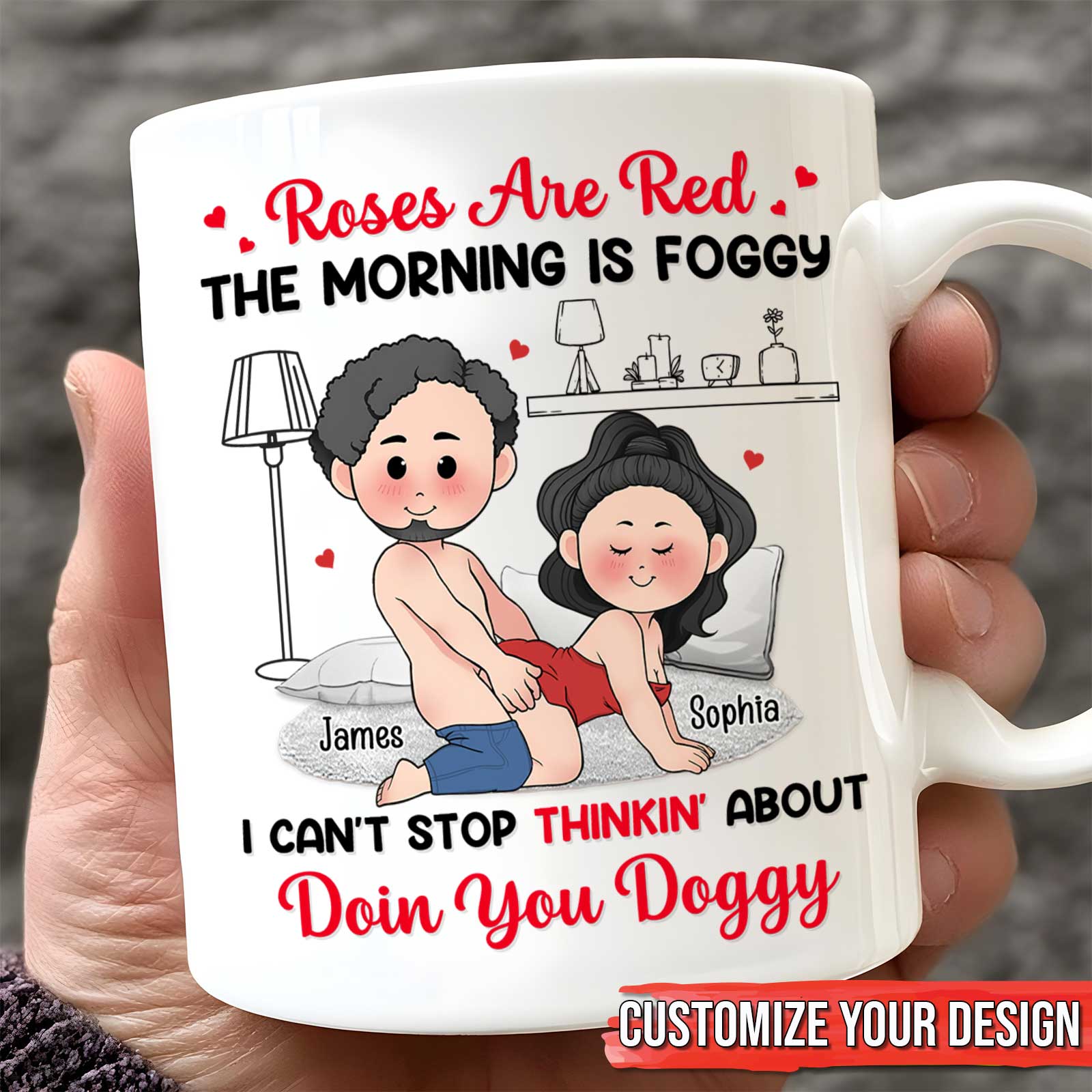 365Gifty personalized white mug with cartoon couple in bed and cheeky poem with names visible custom romantic gift for couples