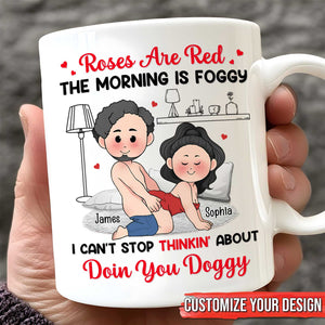365Gifty personalized white mug with cartoon couple in bed and cheeky poem with names visible custom romantic gift for couples