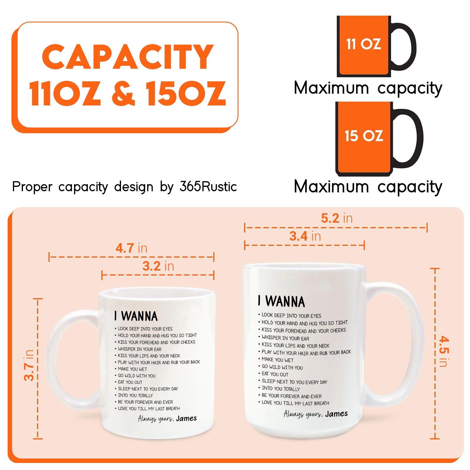 custom romantic mug for couples white ceramic 11oz and 15oz sizes with I WANNA poem and personalized name