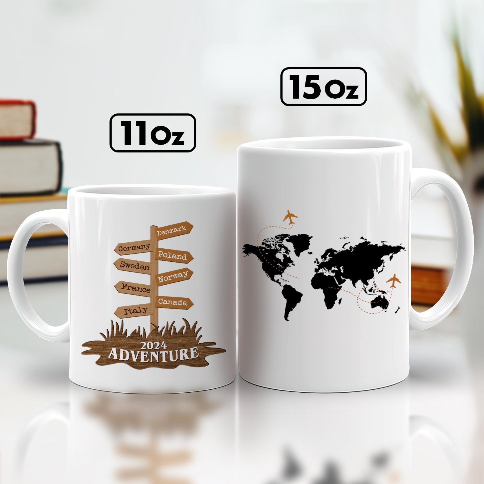 365Gifty white mugs 11oz and 15oz with world map and signpost 2024 Adventure custom travel mug gift