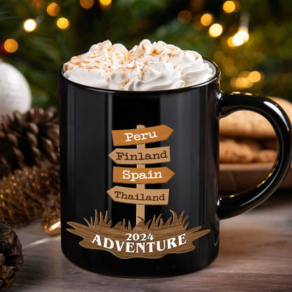 365Gifty custom travel mug gift black ceramic mug with wooden signpost design Peru Finland Spain Thailand and 2024 Adventure