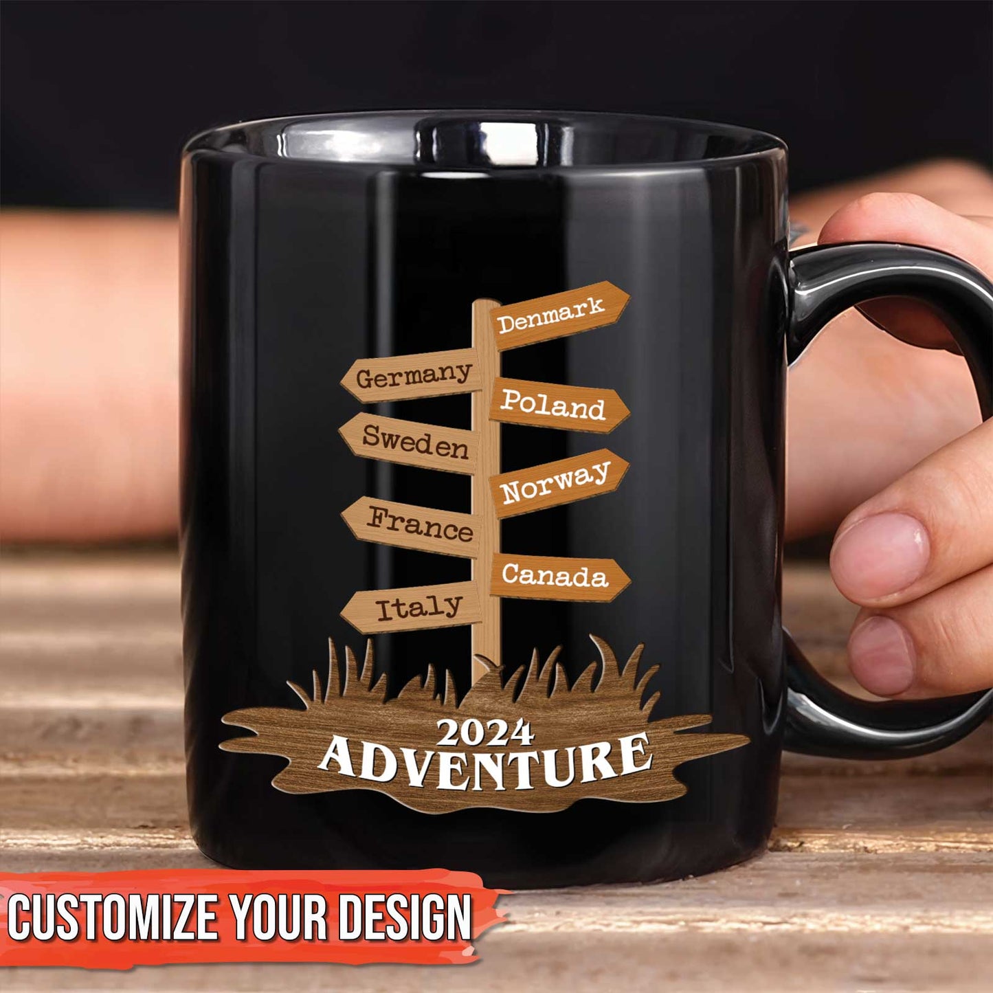 Black 2024 Adventure signpost coffee mug with country names and personalization option custom travel mug gift