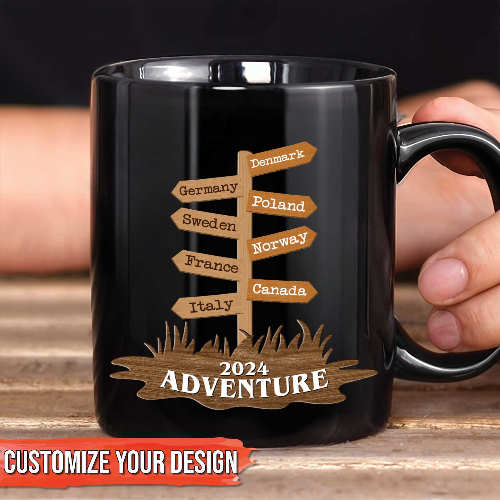 Black 2024 Adventure signpost coffee mug with country names and personalization option custom travel mug gift