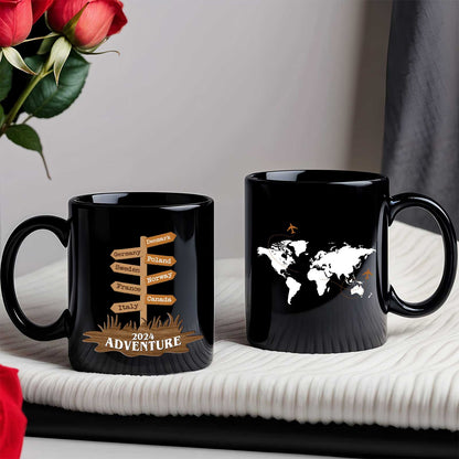 365Gifty black ceramic mugs with world map and signpost 2024 Adventure scene ideal custom travel mug gift