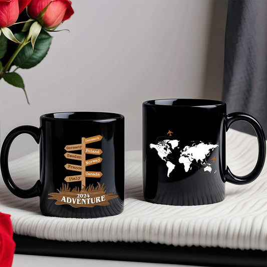 365Gifty black ceramic mugs with world map and signpost 2024 Adventure scene ideal custom travel mug gift