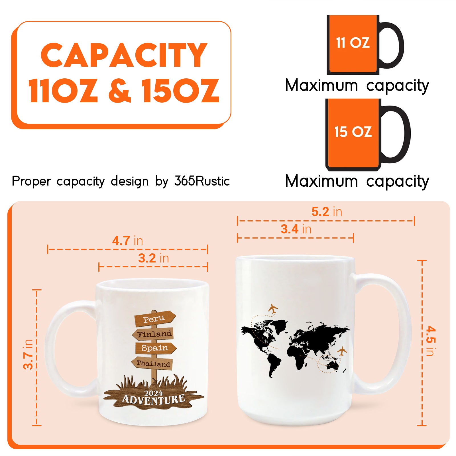 custom travel mug gift infographic showing white 11oz and 15oz ceramic mugs with map and signpost designs and sizes