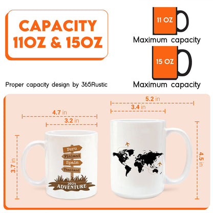 custom travel mug gift infographic showing white 11oz and 15oz ceramic mugs with map and signpost designs and sizes