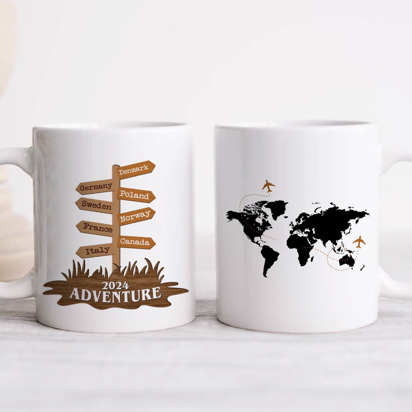 365Gifty custom travel mug gift showing two white mugs with 2024 adventure signpost and world map