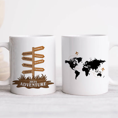 365Gifty custom travel mug gift showing two white mugs with 2024 adventure signpost and world map