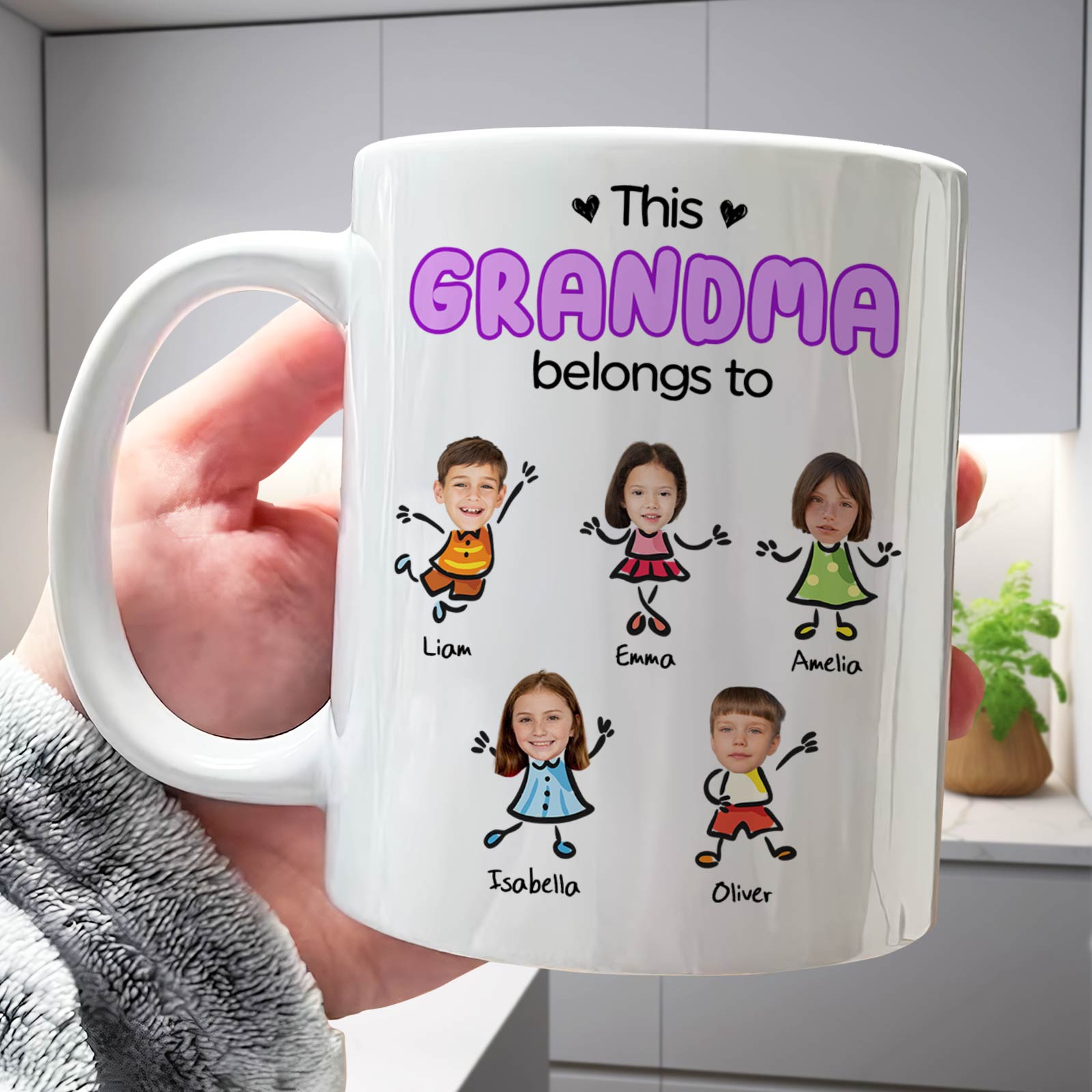 365Gifty personalized family mug for grandma with five cartoon child photos and names Liam Emma Amelia Isabella Oliver
