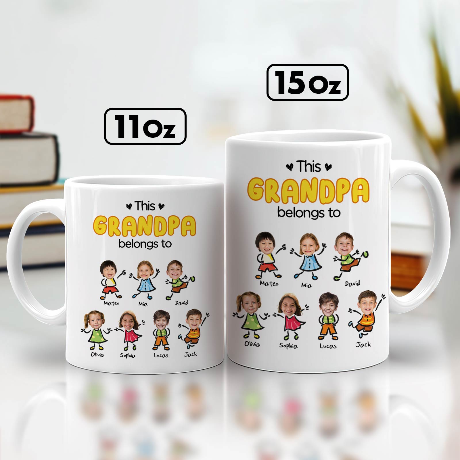 White personalized family mug for grandma showing This Grandpa belongs to cartoon kids with photos and names on 11oz and 15oz