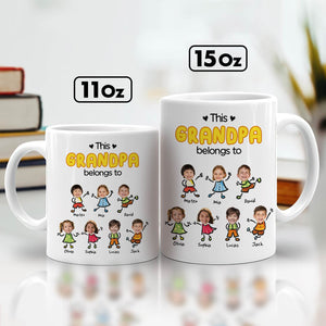 White personalized family mug for grandma showing This Grandpa belongs to cartoon kids with photos and names on 11oz and 15oz