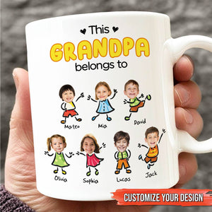 Customizable white mug with cartoon family photos and names saying This Grandpa belongs to family mug for grandma