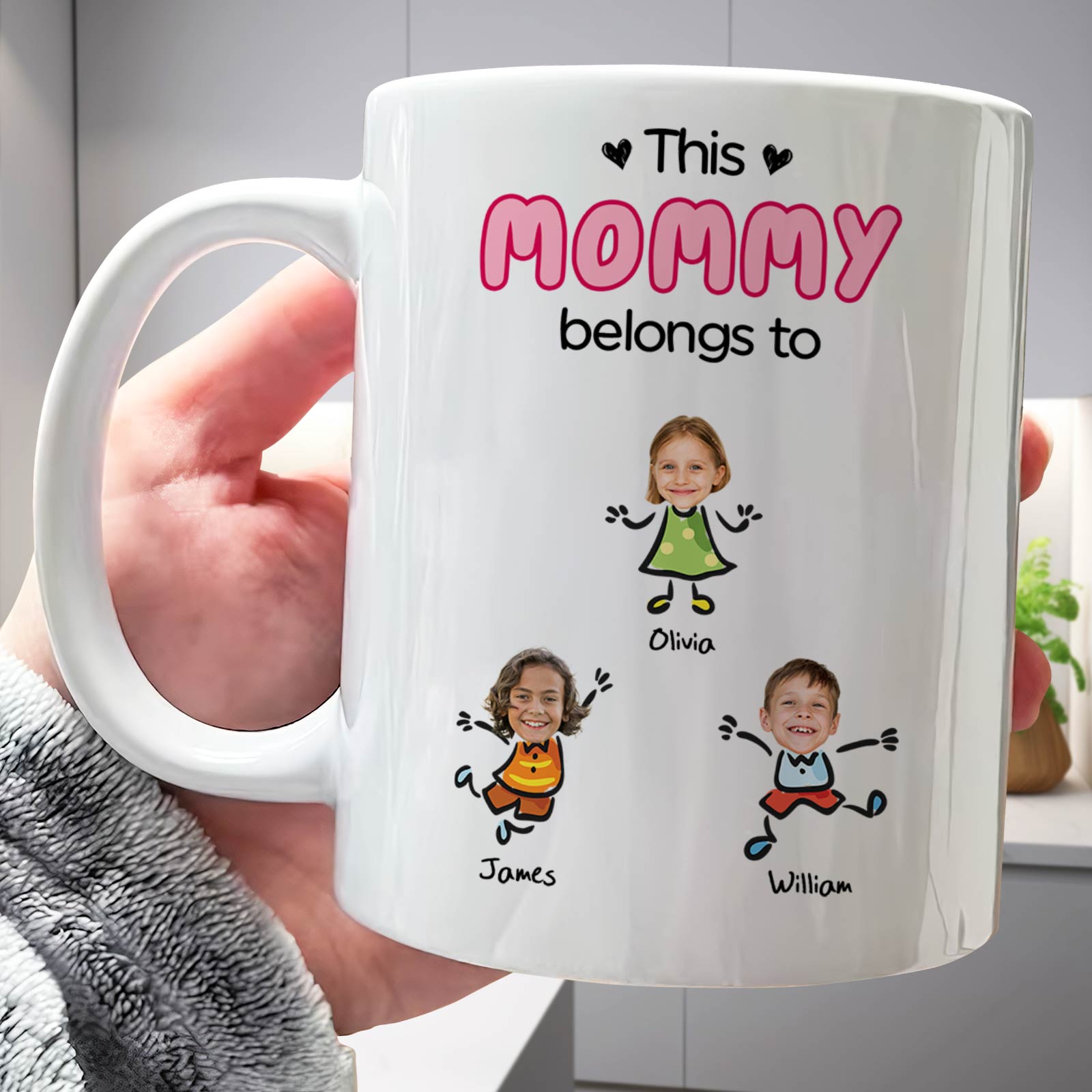 365Gifty personalized white mug reading This Mommy belongs to with three kids photos and names family mug for grandma