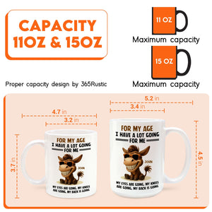 365Gifty white novelty coffee mug with donkey graphic and text for my age I have a lot going for me mug 11oz and 15oz sizes