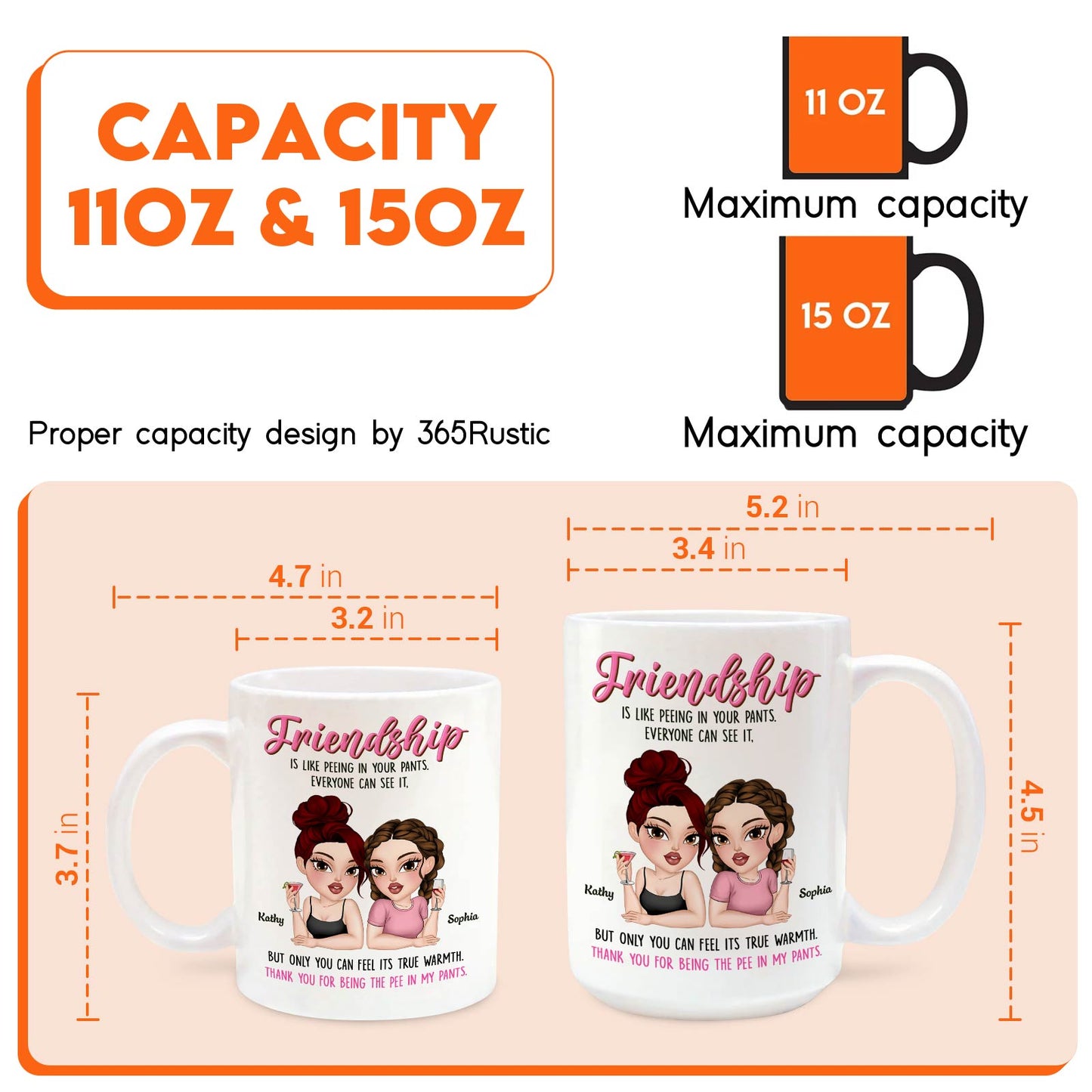 365Gifty 11 oz and 15 oz white ceramic friendship mugs with funny sayings featuring illustrated bestie portraits