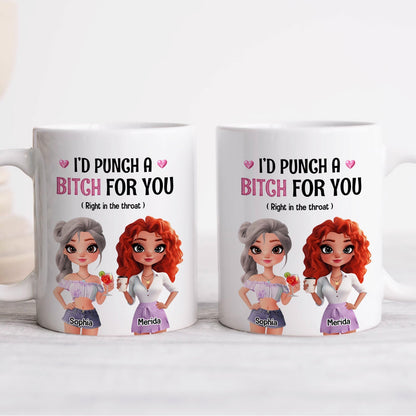 Two white ceramic mugs with cartoon best friends and text Id punch a bitch for you right in the throat funny besties gift mug