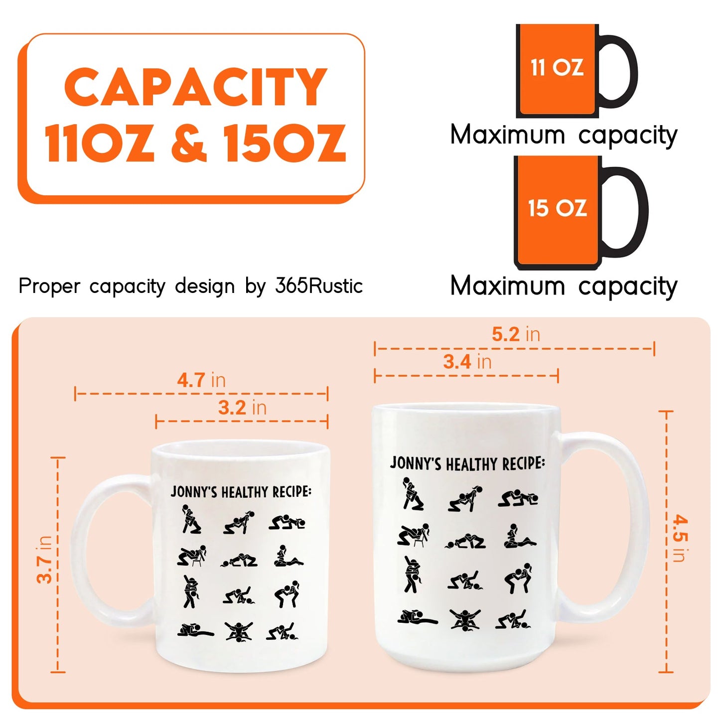 funny custom relationship mug 11oz and 15oz white mugs with playful silhouette poses and size measurements