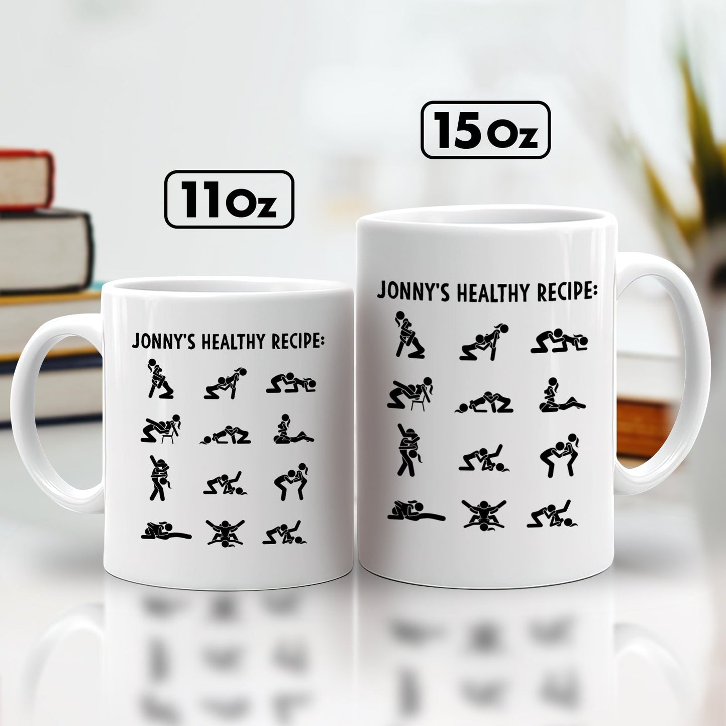 funny custom relationship mug two white ceramic mugs 11oz and 15oz with black stick figure positions Jonnys Healthy Recipe