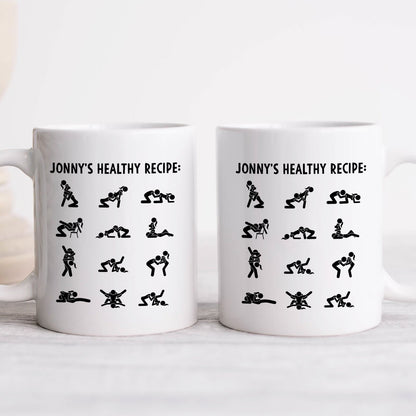 Two white ceramic 11oz mugs showing Jonnys Healthy Recipe stick figure positions printed design funny custom relationship mug