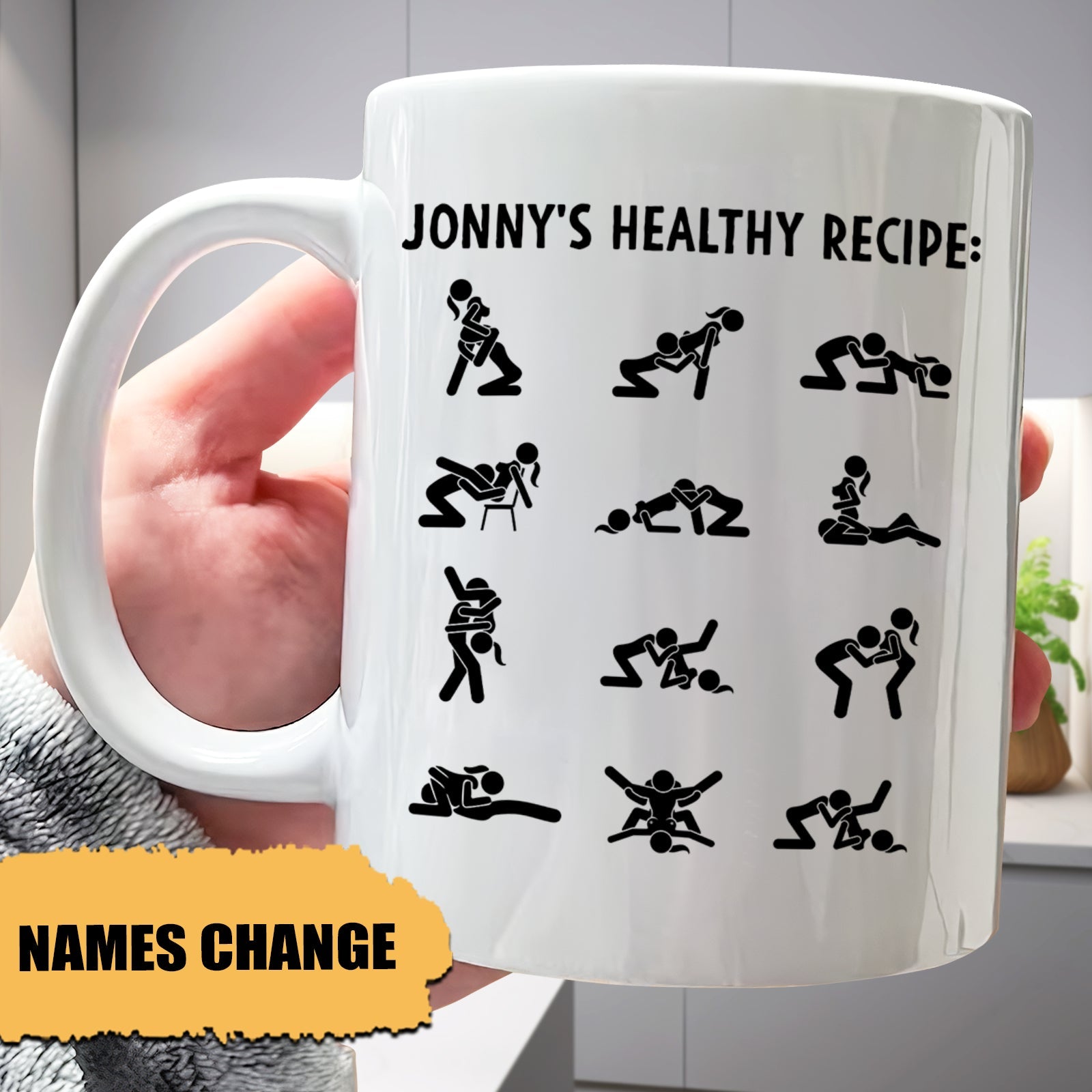 funny custom relationship mug white ceramic with playful stick figure sex positions and customizable name