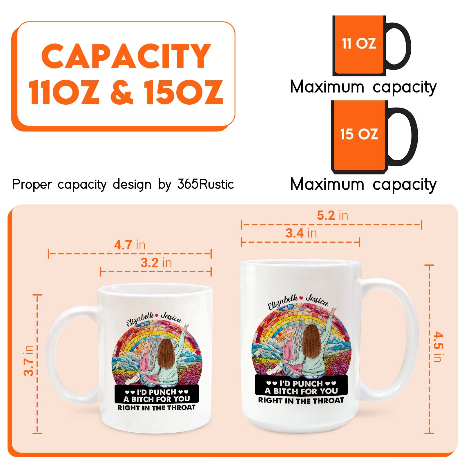 365Gifty 11oz and 15oz white ceramic mugs with colorful boho woman design and funny gift for besties