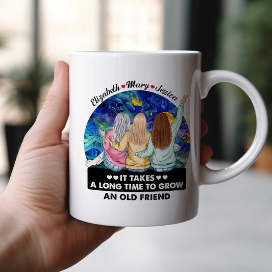 White ceramic mug showing three women back view with names Elizabeth Mary Jessica and friendship quote funny gift for besties