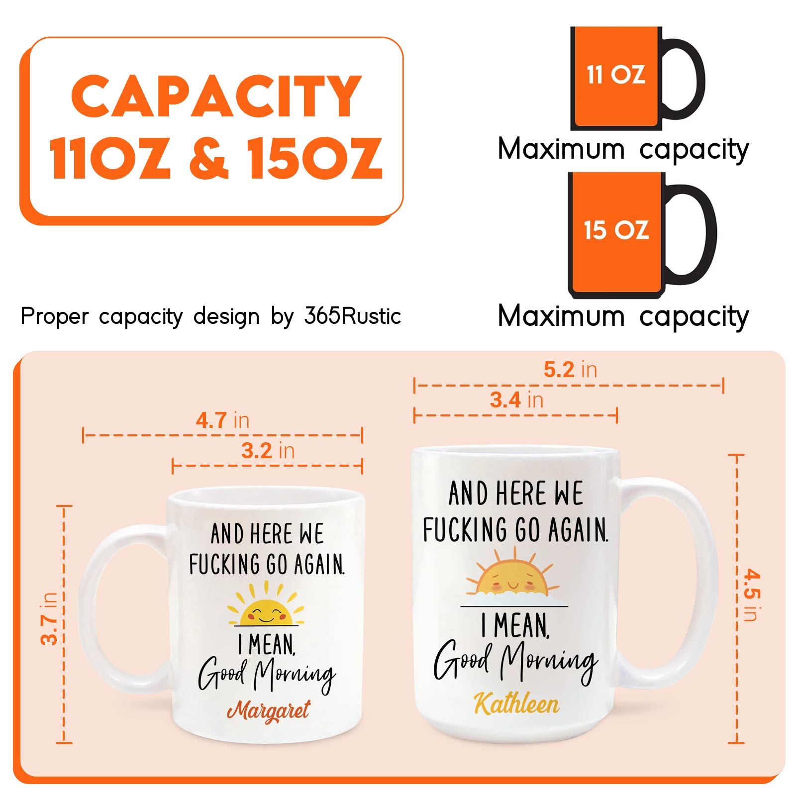 365Gifty funny morning message cup showing 11oz and 15oz sizes with sunrise graphic and bold text