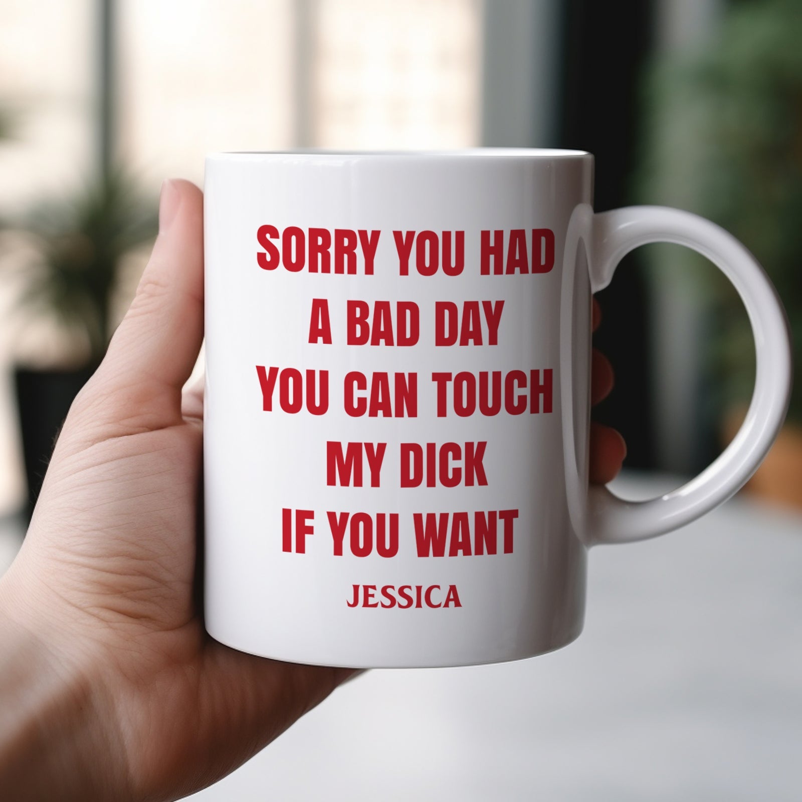 White ceramic mug with red rude apology text and name Jessica humorous drinkware funny personalized coffee mug gift