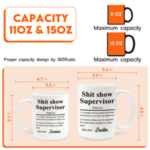 365Gifty funny personalized coworker mug set two white ceramic mugs 11oz and 15oz with Shit show Supervisor names