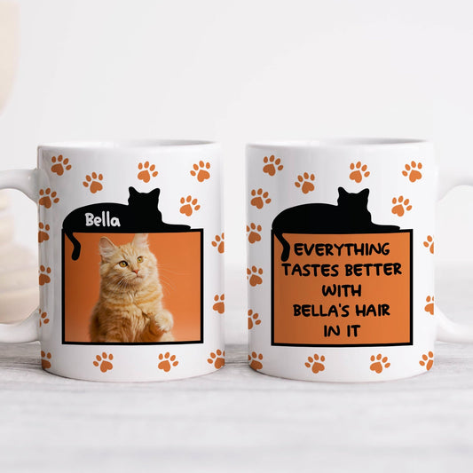 365Gifty funny personalized mugs for cat lovers featuring two white paw print mugs with Bella photo and cat hair quote
