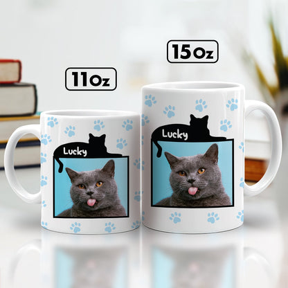 365Gifty white cat photo mugs with paw print design and name Lucky showing gray cat tongue funny personalized mugs for cat lovers