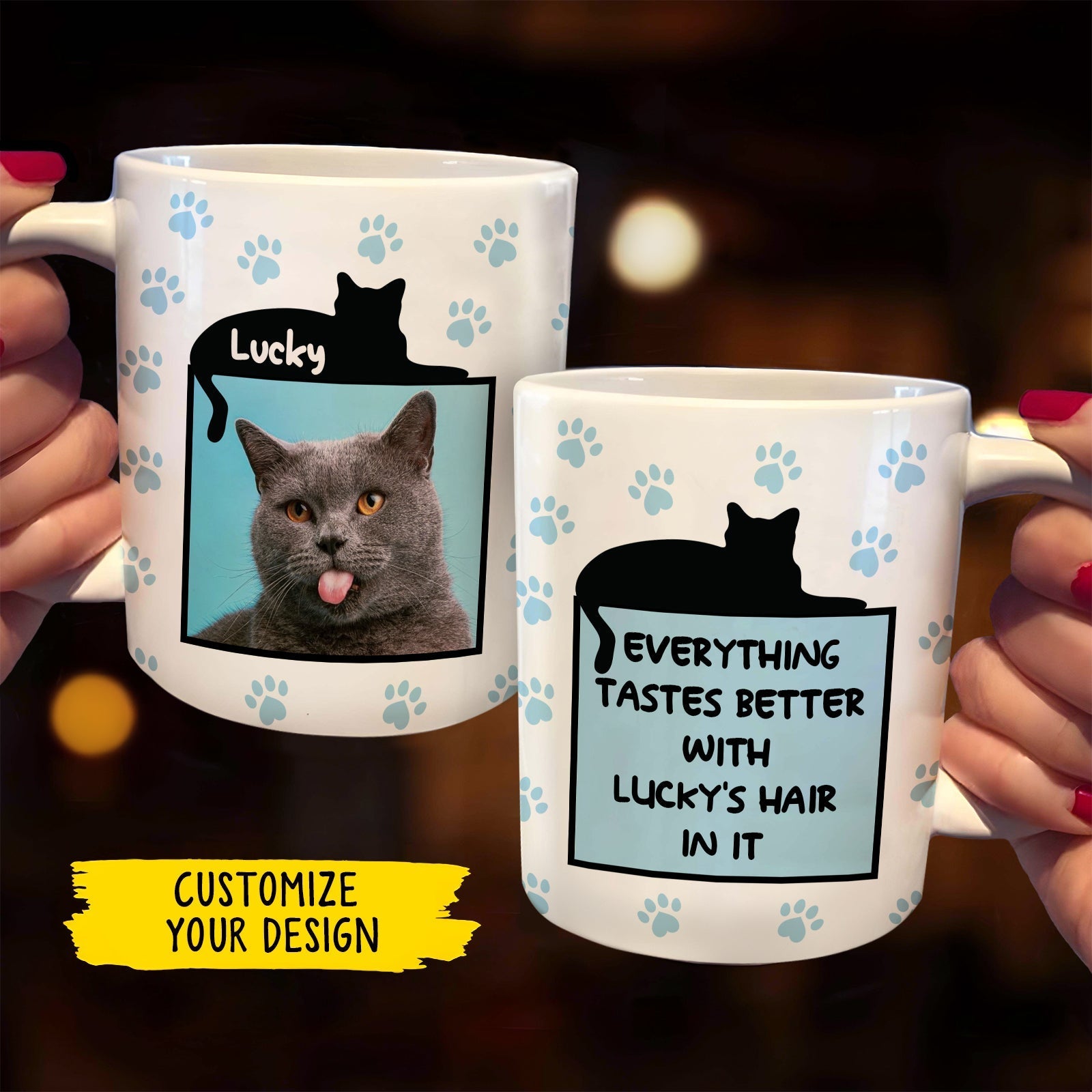 365Gifty customizable white photo coffee mugs with paw prints cat silhouette and photo funny personalized mugs for cat lovers