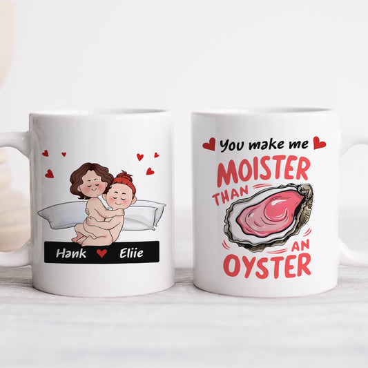 365Gifty white ceramic mug set showing cartoon couple with names Hawk and Ellie and oyster design funny romantic gift for couples