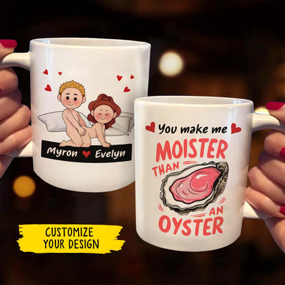 365Gifty customizable mugs with playful cartoon couple and oyster design you make me moister funny romantic gift for couples