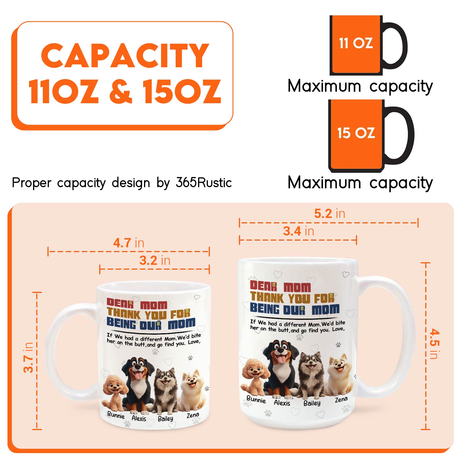 365Gifty ceramic coffee mug with custom dog portraits and thank you text 11oz and 15oz gift for dog lover mom