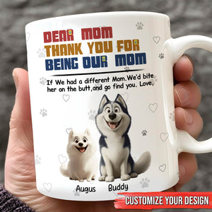 White ceramic mug with cartoon husky and small white dog heartfelt mom message and paw prints gift for dog lover mom
