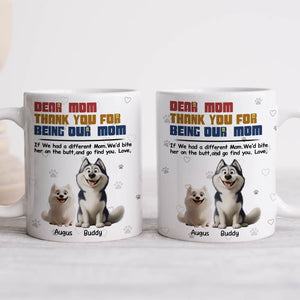 Two white personalized mugs with cartoon husky and pomeranian and heartfelt message gift for dog lover mom