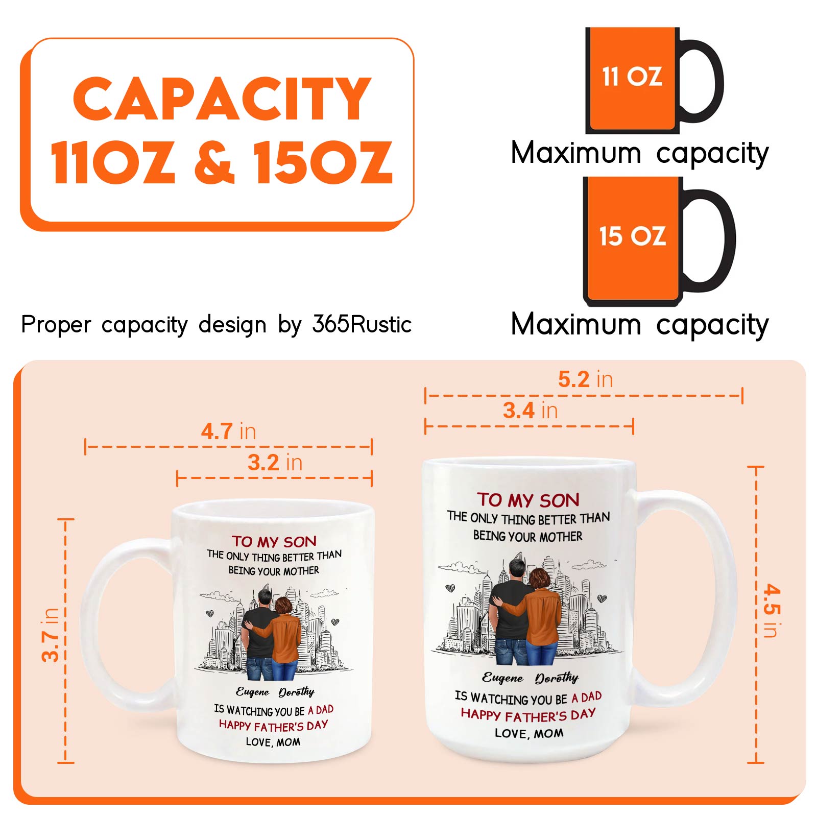 365Gifty happy Father's Day personalized mug showing 11oz and 15oz sizes with son and mom design